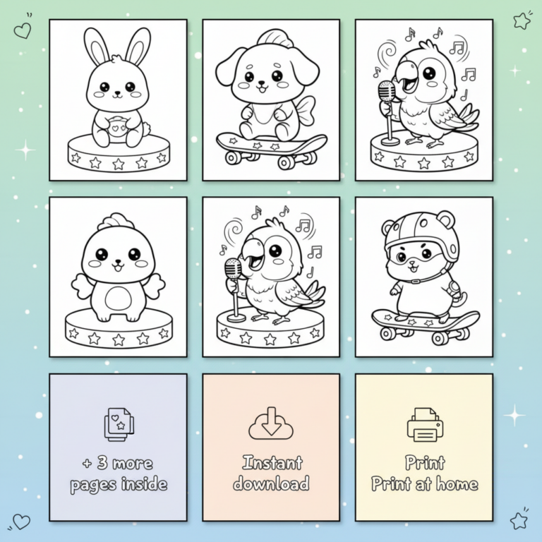 Kawaii coloring pages preview grid showing sample pages and download details