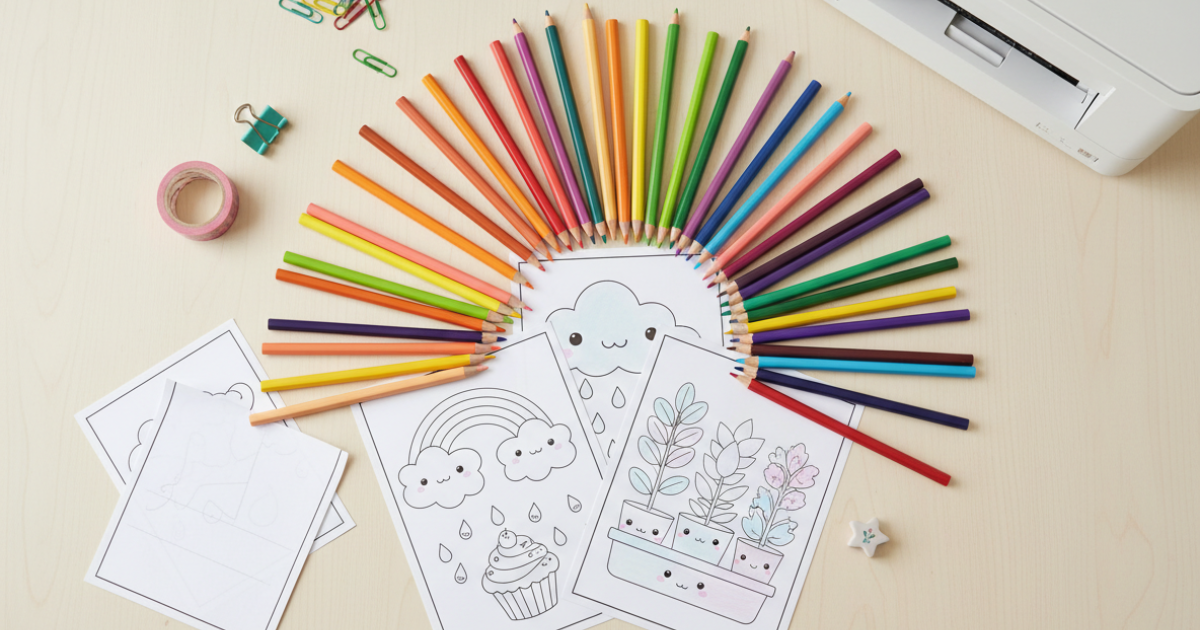 Rainbow colored pencils and printable kawaii coloring pages on a bright desk flat-lay
