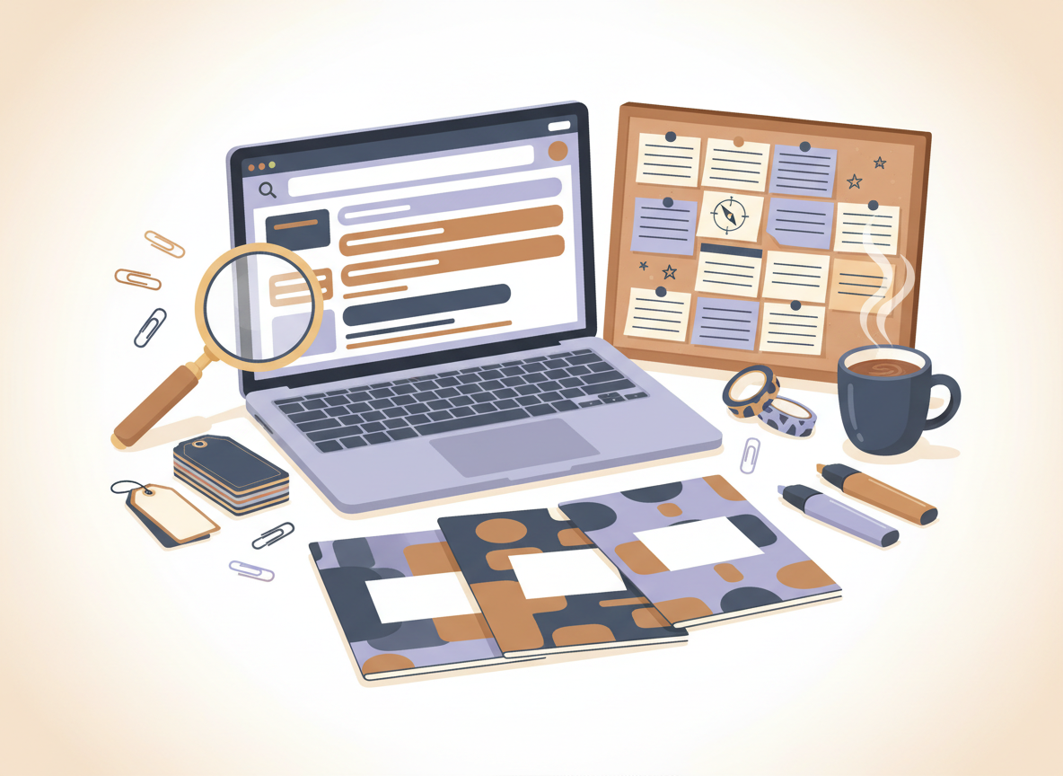 Colorful desk scene showing keyword research and search discovery for a printable business.