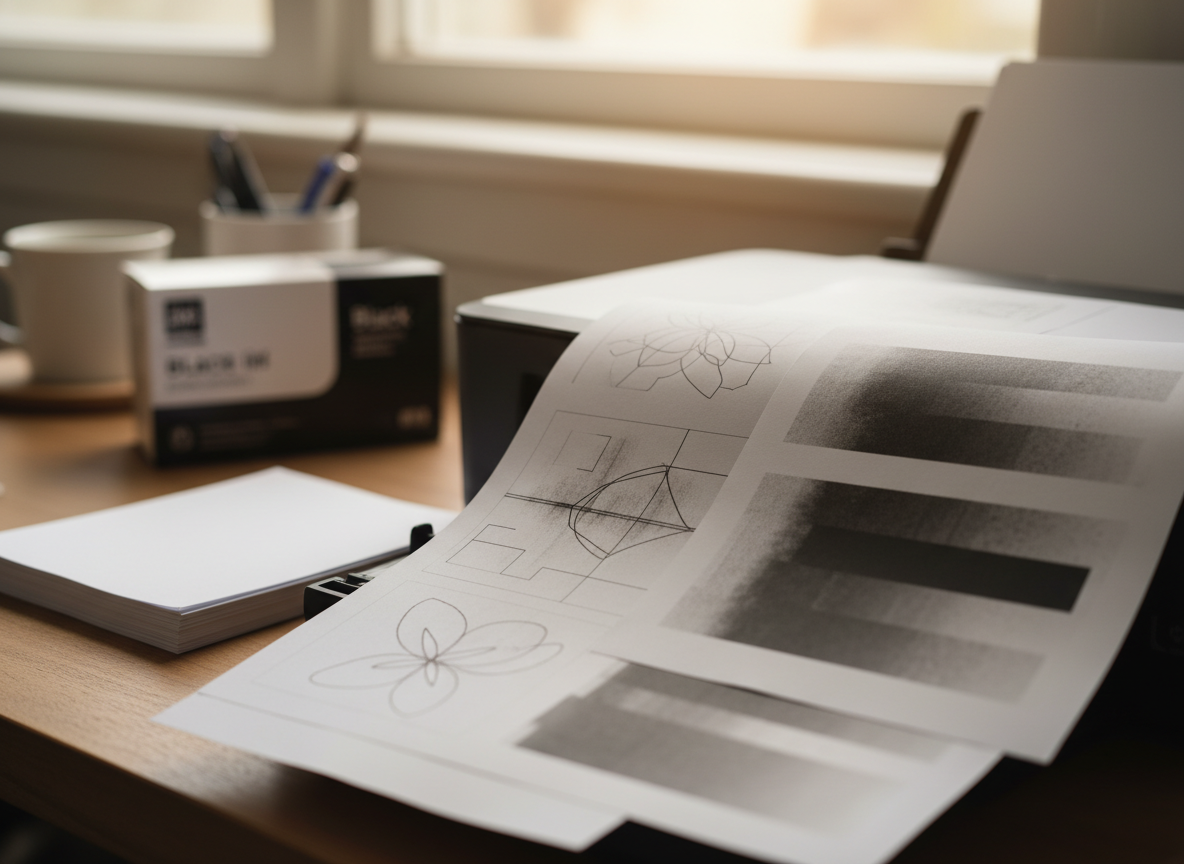 Home printer with test prints showing low-quality printable line art