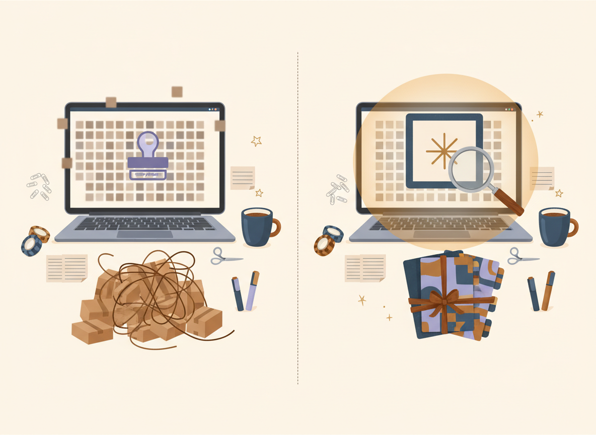 Illustration showing a crowded pile of generic printable covers versus a smaller set of unique, differentiated printable bundles.
