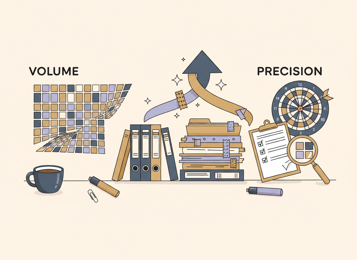 Illustration showing volume and precision working together to grow a printable business, with organized product stacks and a bullseye target.