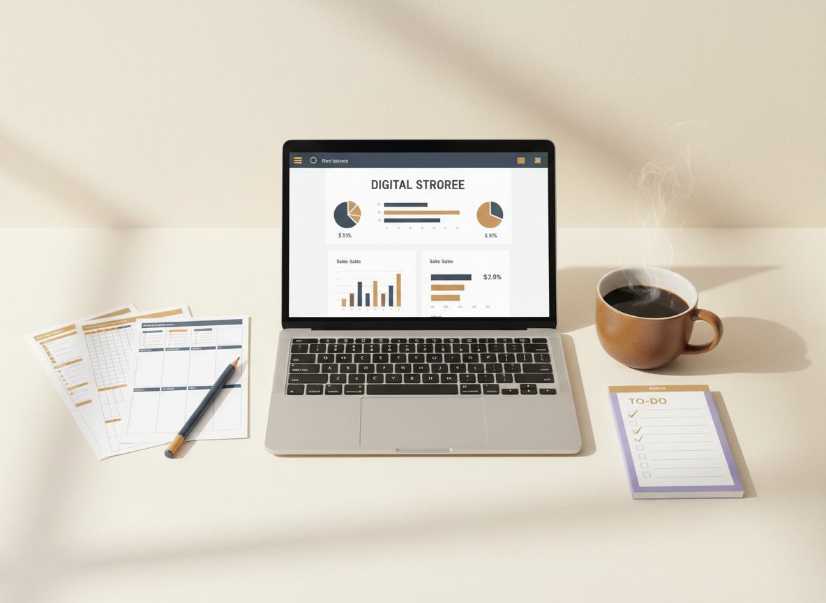 Minimal desk scene with laptop and printable worksheets for a printable business growth blog post.