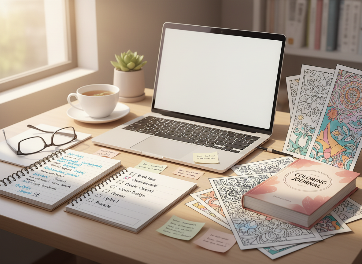 Desk scene showing the many moving parts of creating KDP books for printable creators, including formatting, cover design, keywords, and publishing tasks.