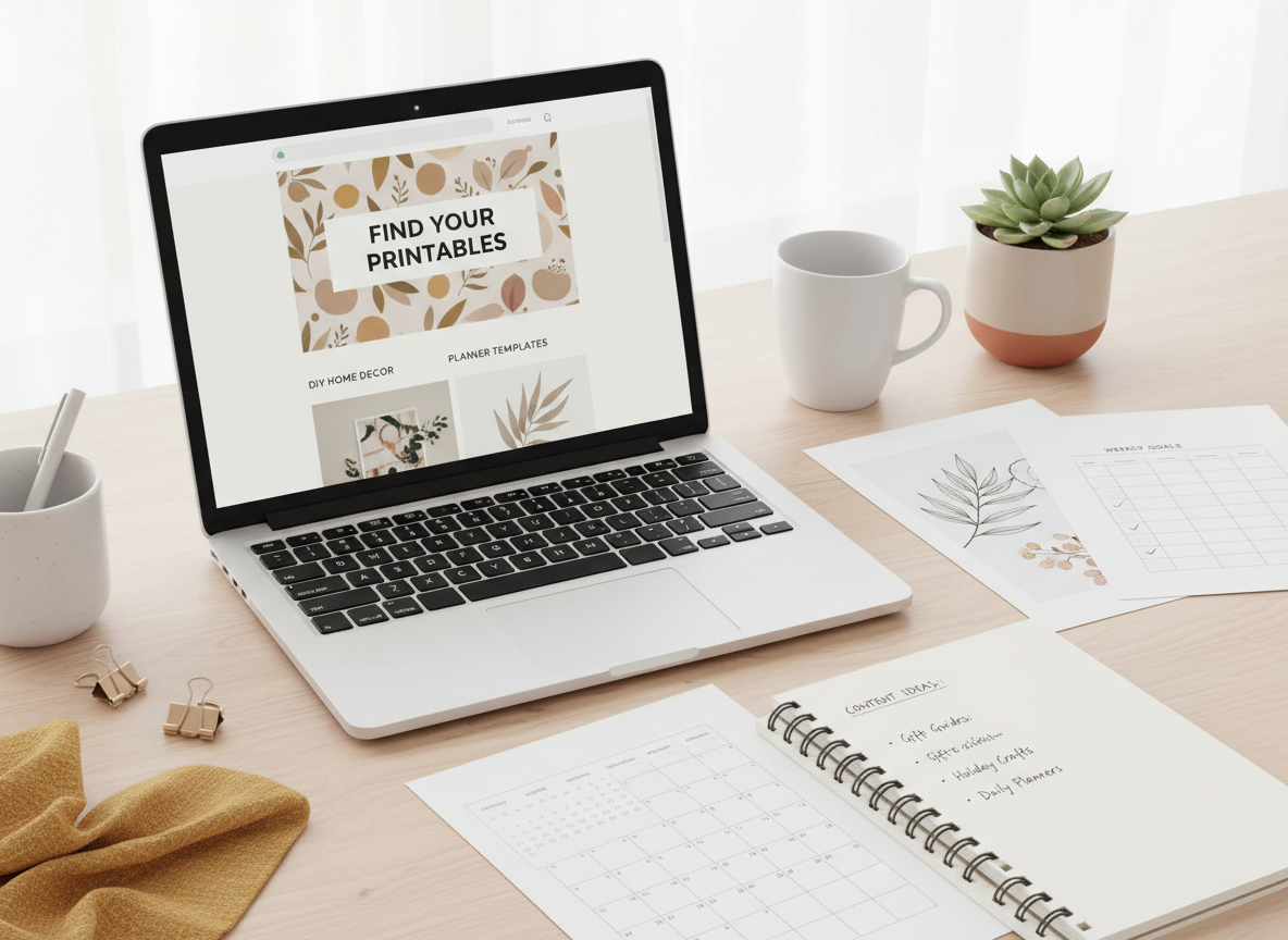 Blog content and printable product listing visual showing how content helps people find printable products
