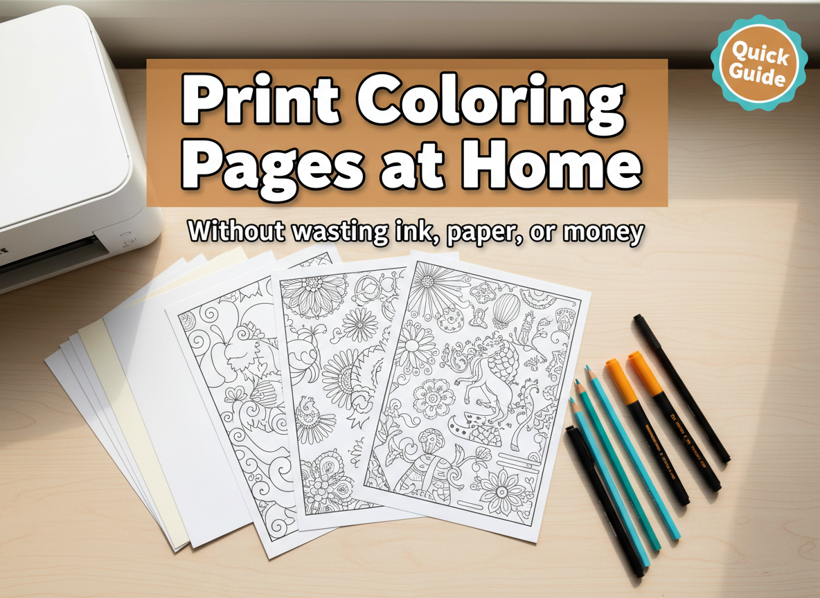 Featured image showing a cozy home printing and coloring setup with crisp coloring pages and the text “Print Coloring Pages at Home”