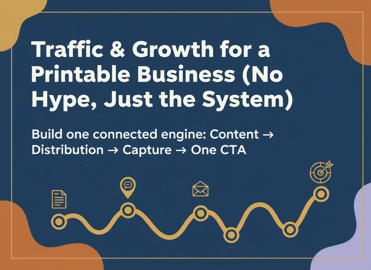 Featured image for Traffic & Growth for a Printable Business showing a roadmap system to one CTA