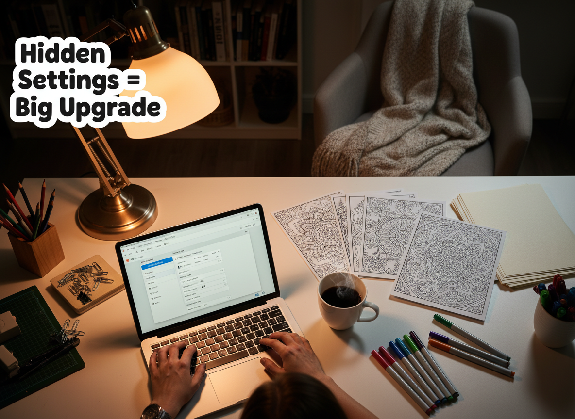 Overhead cozy desk scene showing a glowing printer settings screen, crisp printed coloring pages, markers, and warm late-night lighting