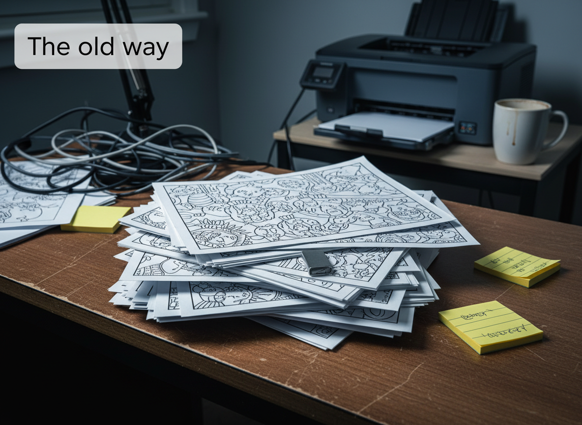 Cluttered desk with low-quality printable coloring pages and messy workflow, showing an outdated approach