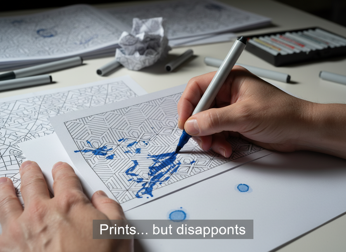 Close-up of hands coloring on thin paper with marker bleed-through, showing disappointing print results