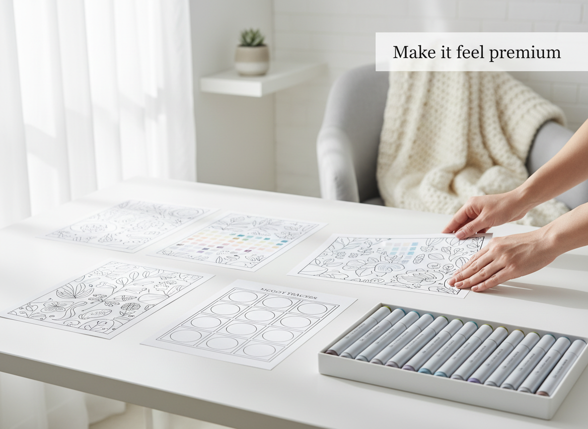 Clean premium printable coloring pages set with aligned markers in bright natural window light