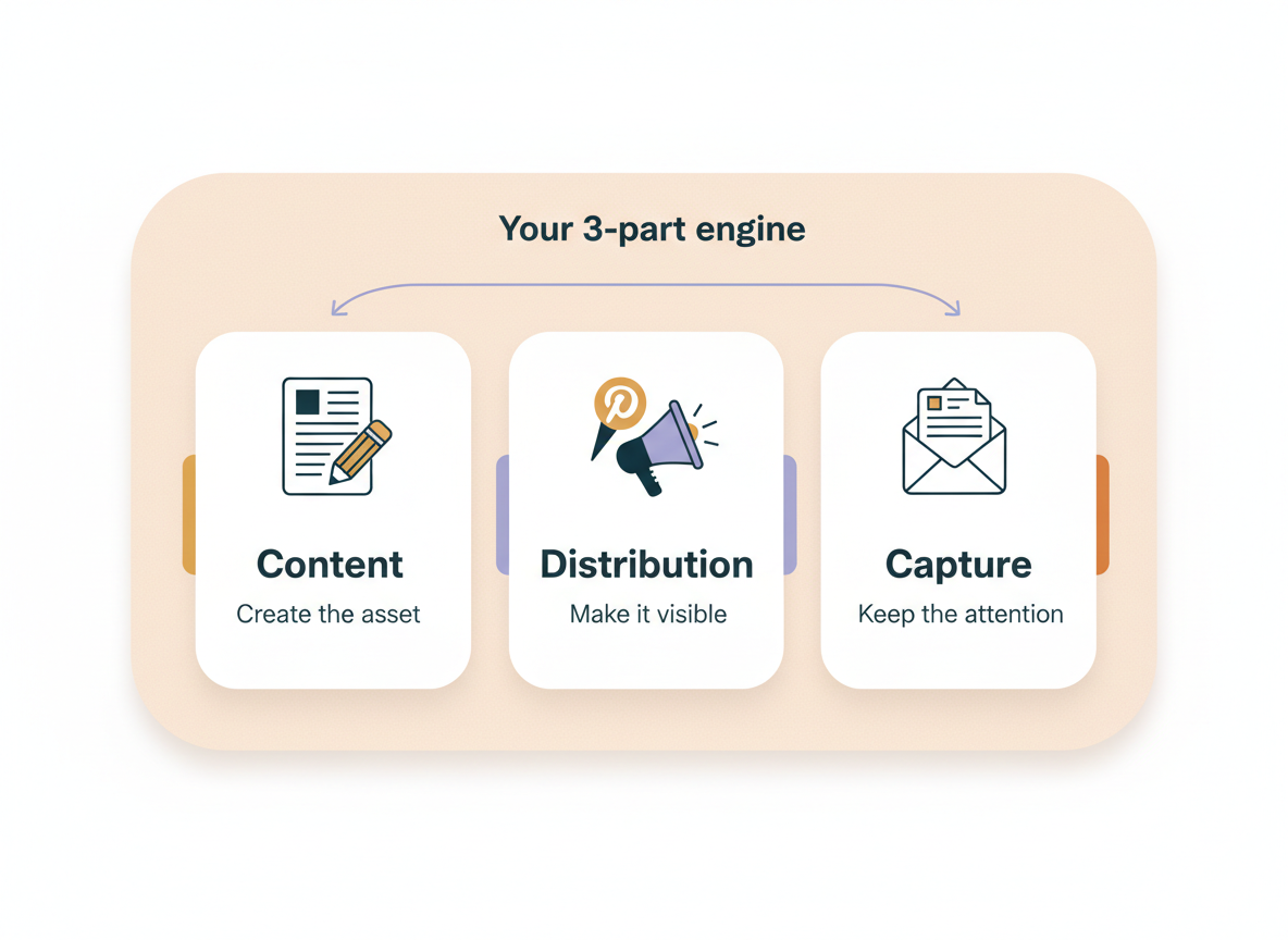 Three-part engine diagram: Content, Distribution, and Capture with simple icons and labels
