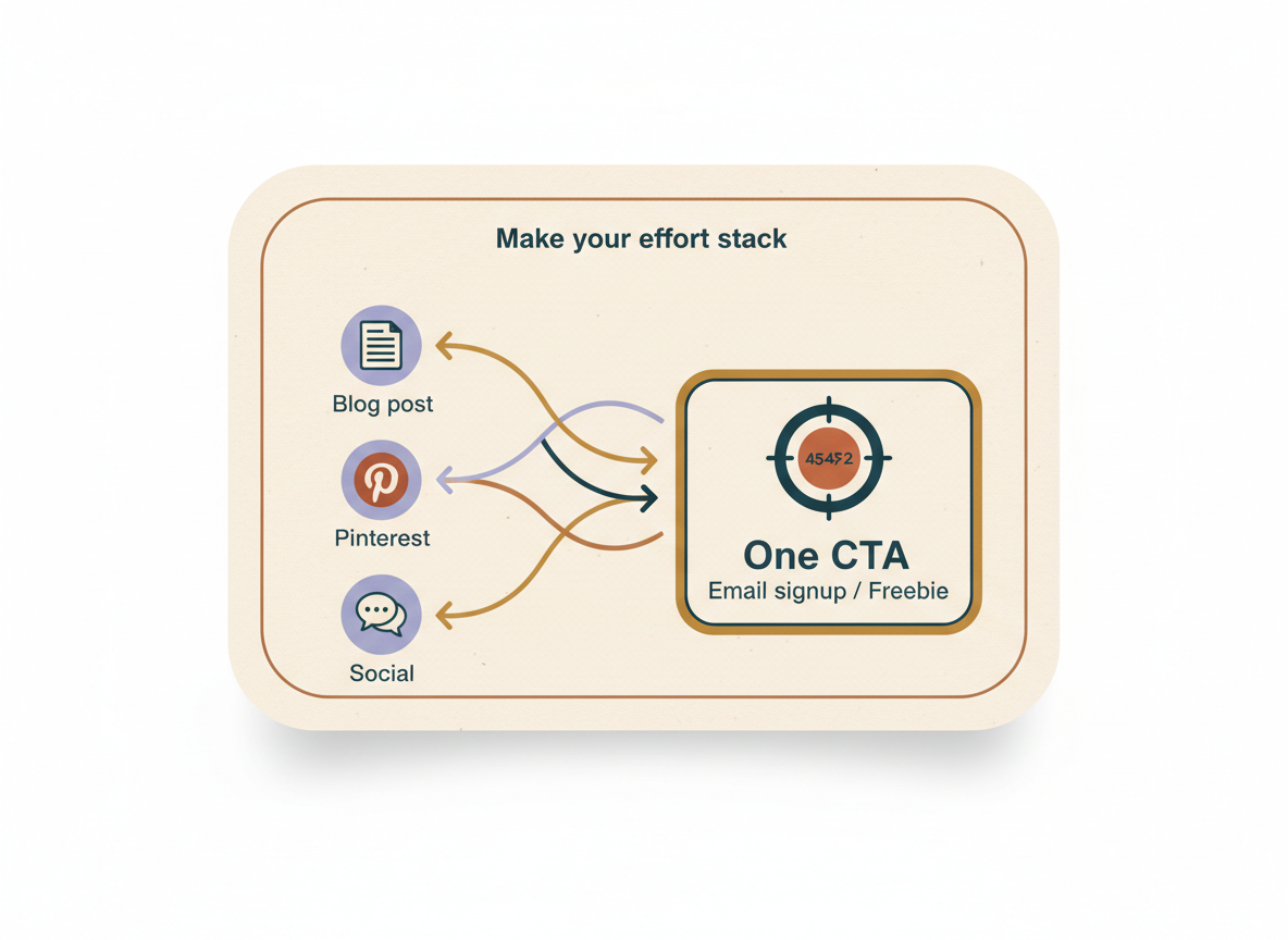 Diagram showing blog content, Pinterest, and social posts all pointing to one clear CTA