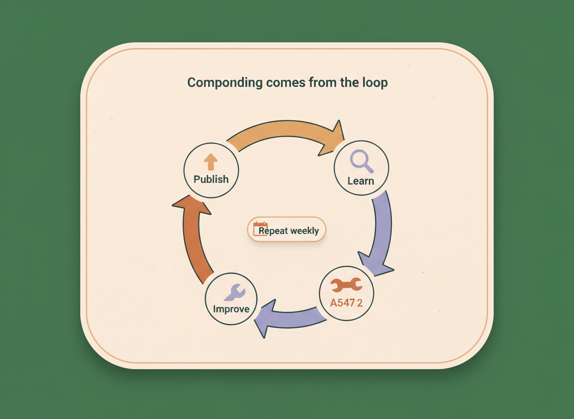 Circular loop diagram showing Publish, Learn, Improve, and repeat weekly