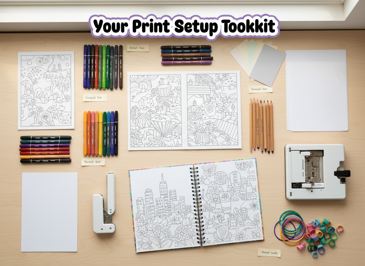 Flat-lay of a premium home printing workstation with crisp coloring pages, cardstock samples, markers, and binding tools