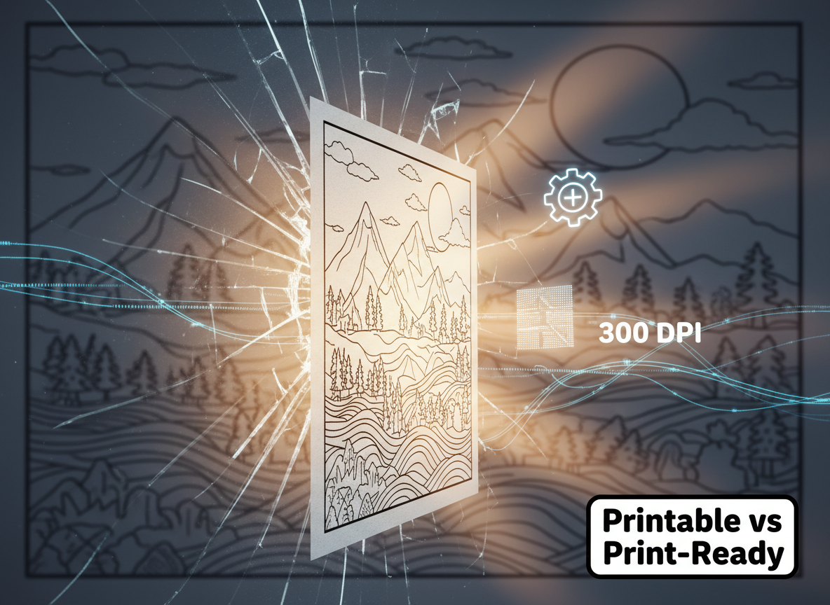 Cinematic image showing a blurry coloring page behind cracked glass and a crisp print-ready page emerging into light, symbolizing printable vs print-ready