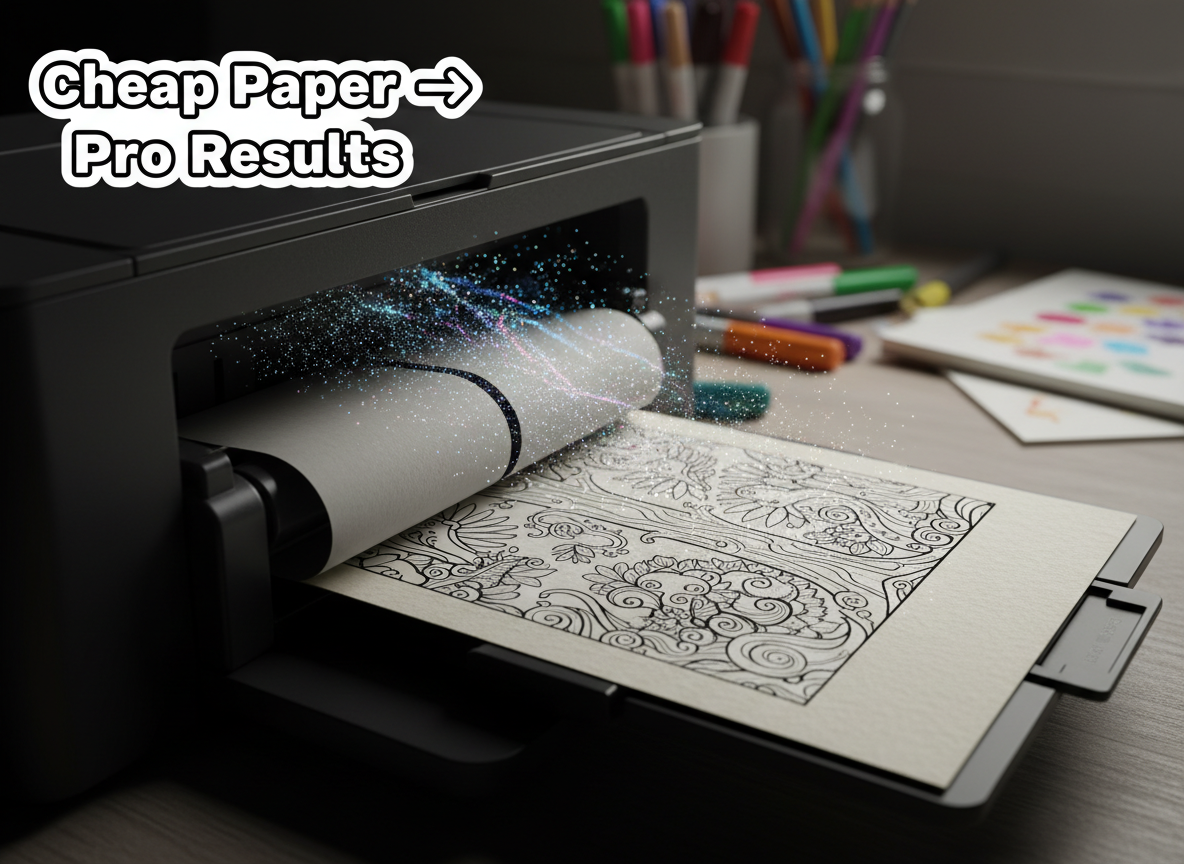 Close-up of a home printer printing a crisp coloring page as the paper transitions from thin office paper to thicker premium cardstock