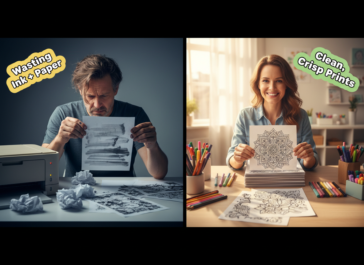 Before-and-after split image showing messy, blurry home printing on the left and clean, crisp coloring page prints on the right