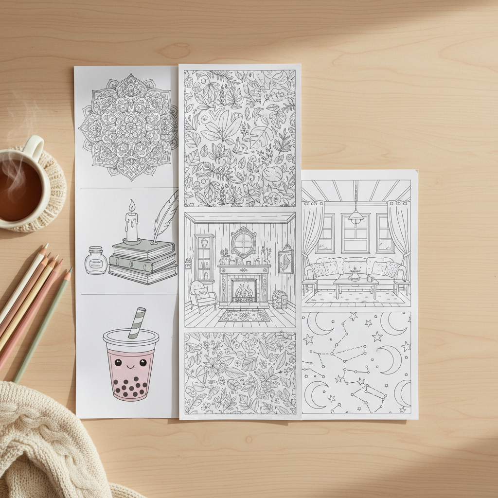 Collage of printable coloring pages for adults PDF themes including mandala, floral, cozy, celestial, and kawaii designs with pencils and tea