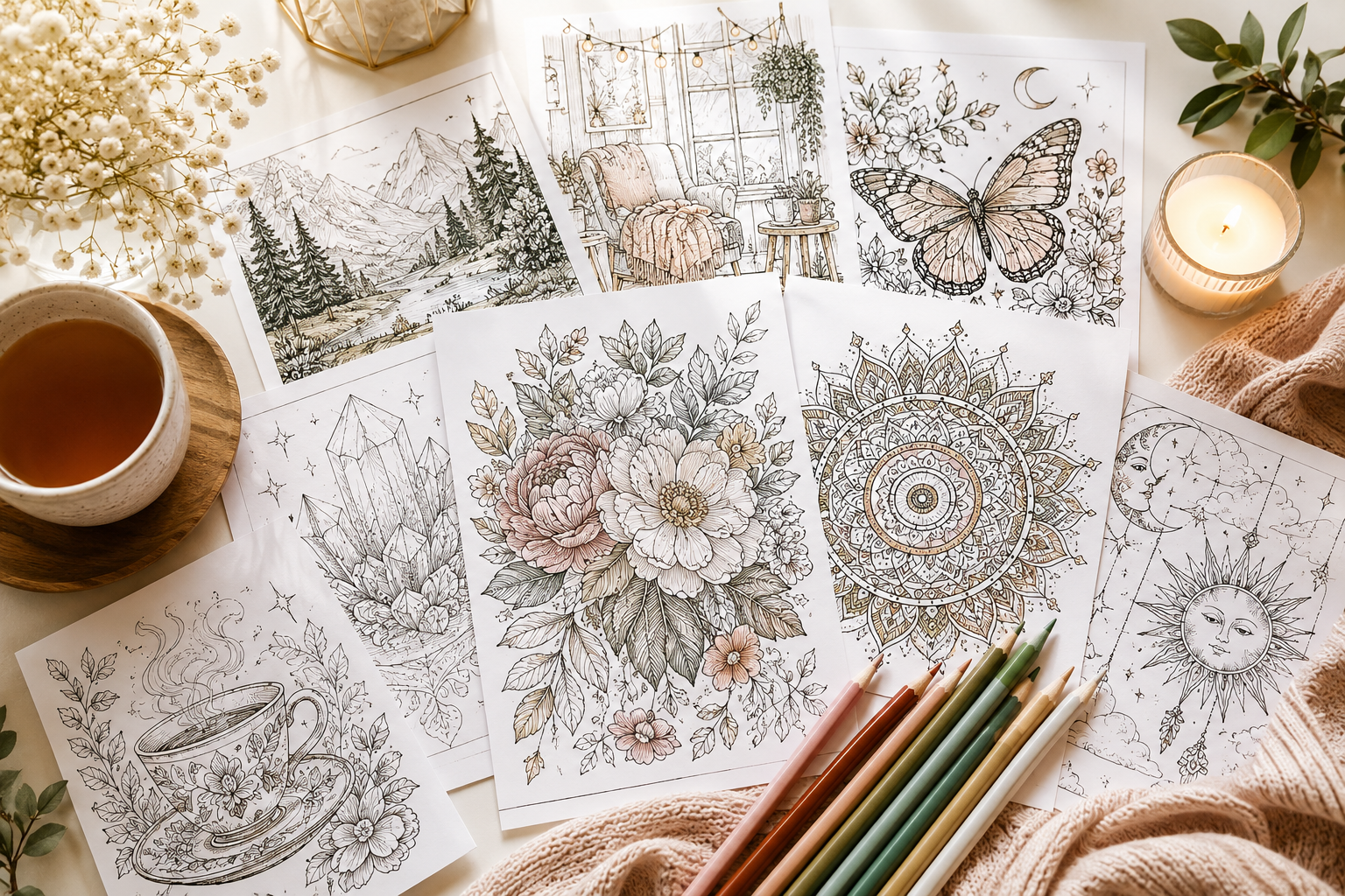 Printable coloring pages for adults PDF theme collage with mandala, floral, crystal, butterfly, and cozy designs on a warm desk with pencils and tea