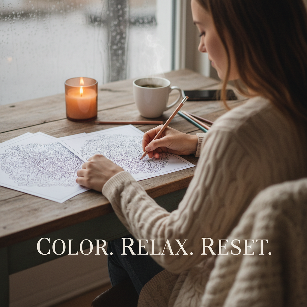 Woman coloring a printable coloring page PDF by candlelight with herbal tea during rainy evening, creating a calming self-care ritual