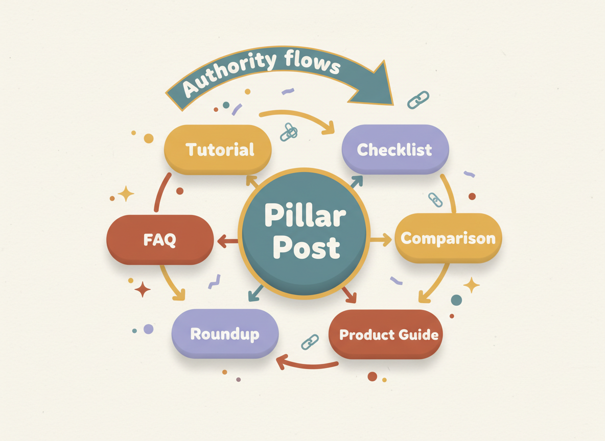Hub-and-spoke content cluster with a pillar post connected to tutorial, checklist, FAQ, comparison, roundup, and product guide