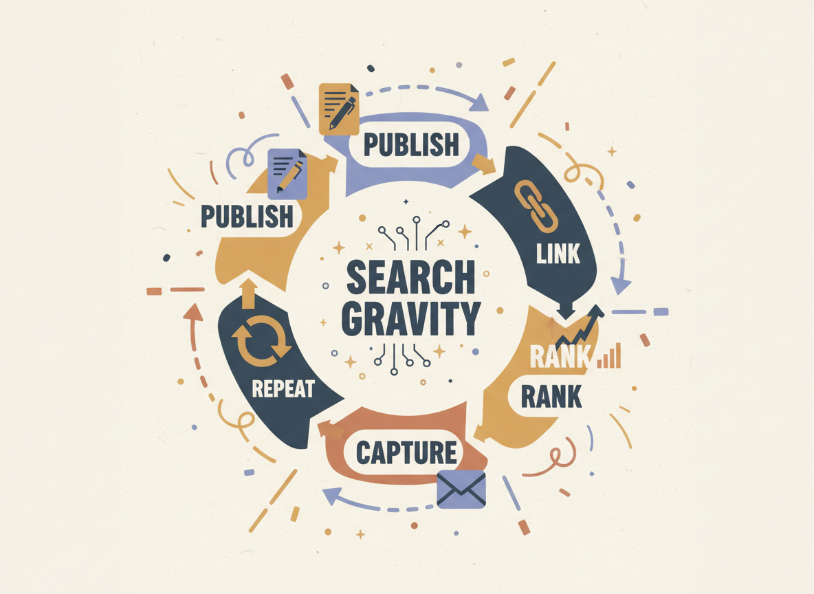 Circular flywheel showing Publish, Link, Rank, Capture, Repeat with “Search Gravity” in the center