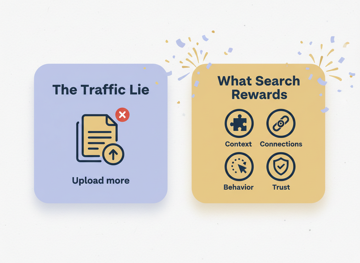 Two-panel graphic showing the traffic lie “Upload more” versus what search rewards: context, connections, behavior, and trust