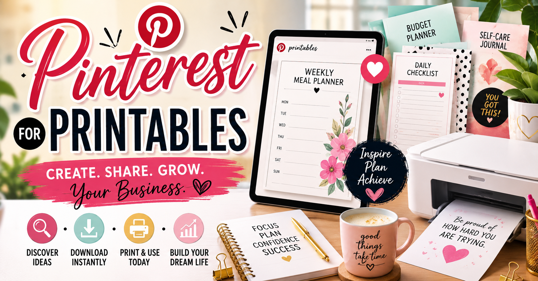 laptop with a couple of icons describing how pinterest for printables