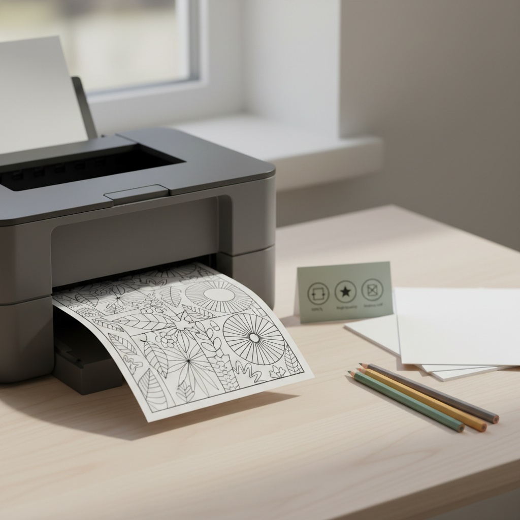 Home printer printing a crisp adult coloring page with paper stack and pencils, representing print settings for printable coloring pages for adults PDF