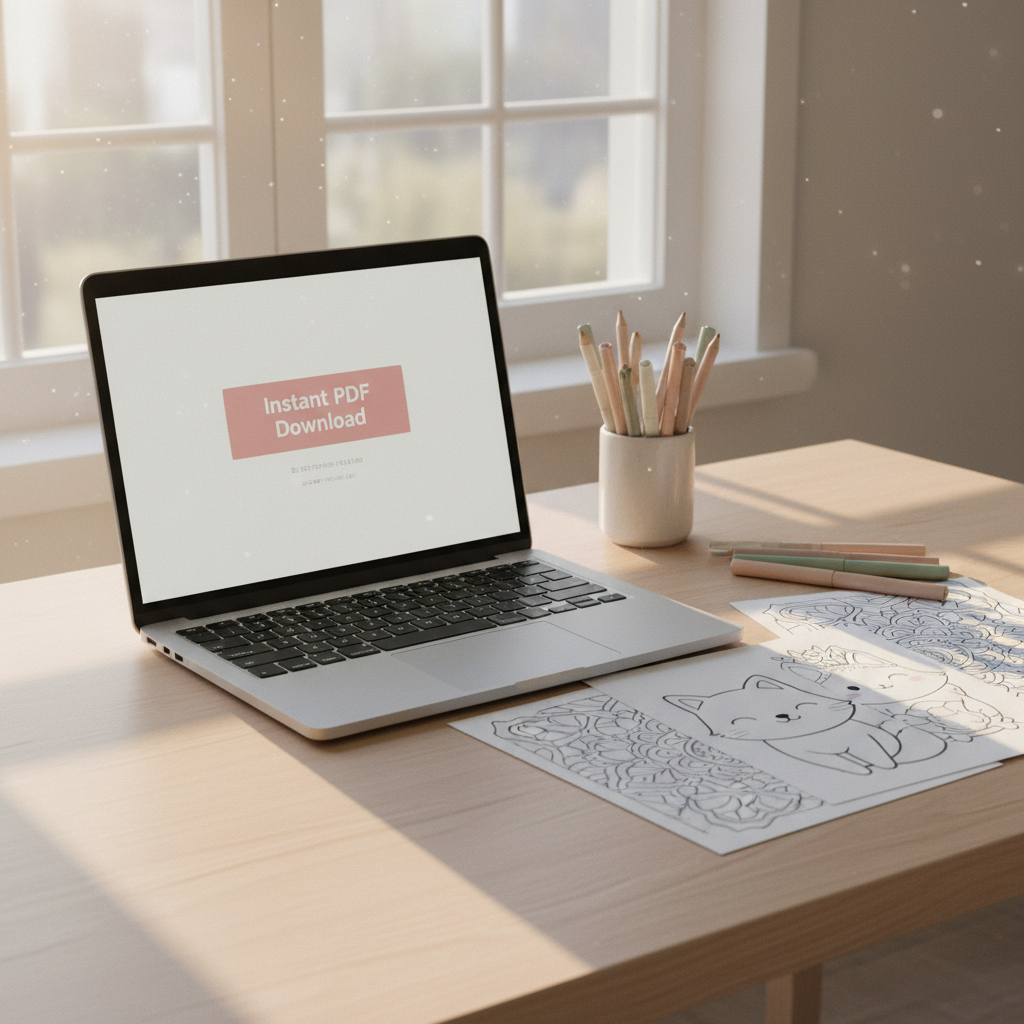 Laptop on a wooden desk showing an Instant PDF Download button for printable coloring pages, with pencils, markers, and printed sheets nearby