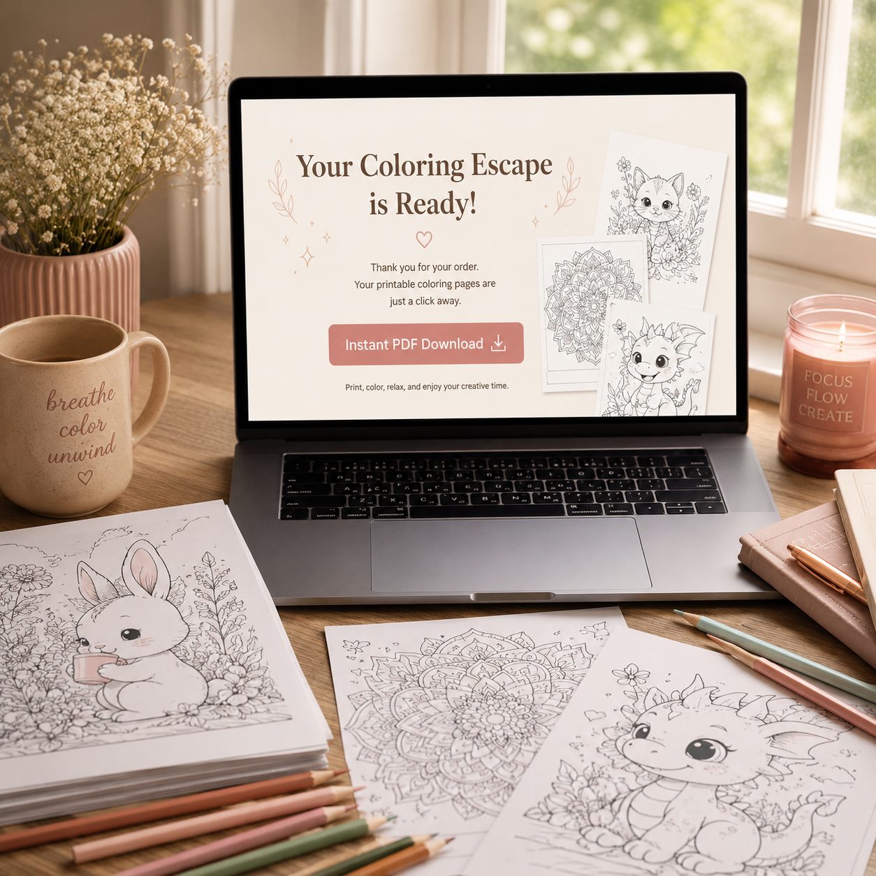 Laptop showing an Instant PDF Download screen for printable coloring pages with kawaii and mandala page previews on a cozy desk