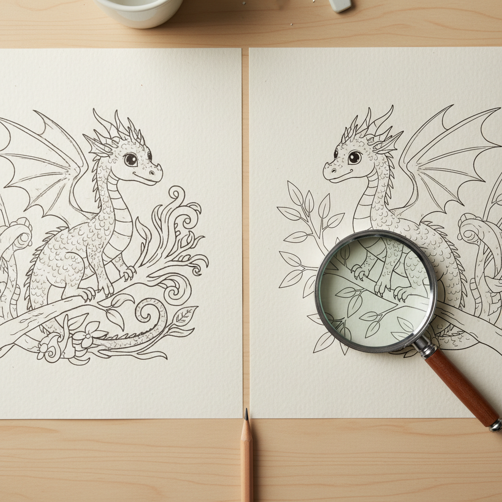 Side-by-side comparison of low-quality versus premium printable coloring pages for adults PDF showing fuzzy lines versus clean crisp line art