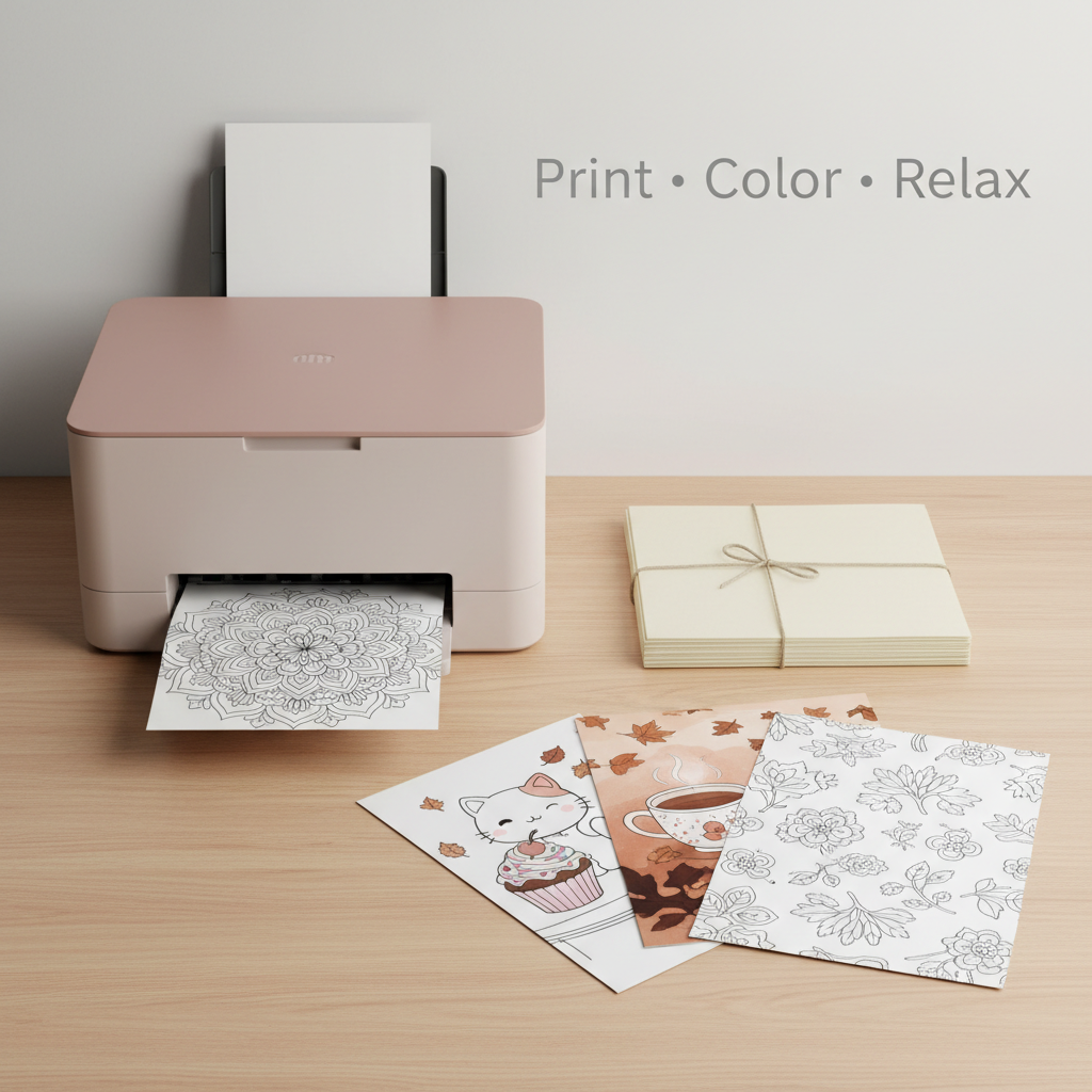 Organized printable coloring pages PDF download bundle displayed beside a home printer with multiple premium page styles and a page printing out