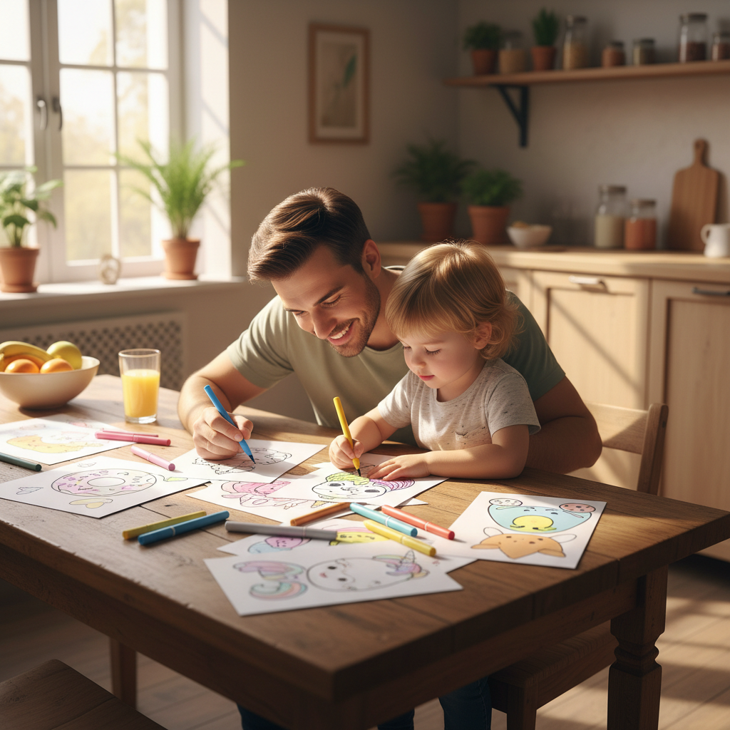 Parent and child coloring printable PDF coloring pages together at a kitchen table with markers and crayons in warm natural light