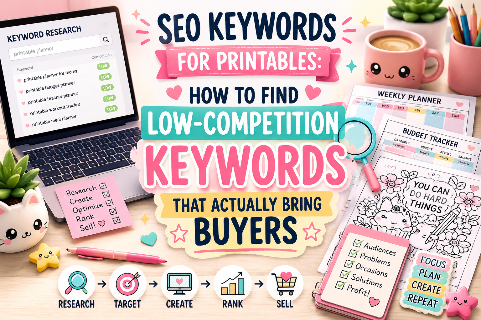 SEO Keywords for Printables infographic showing keyword research strategies, low-competition keyword examples, printable planners, coloring pages, and SEO workflow for growing a printable business.