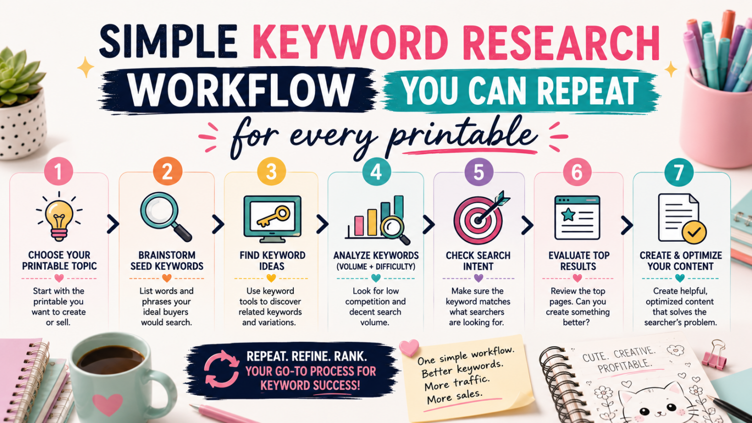 Simple Keyword Research Workflow You Can Repeat for Every Printable infographic illustrating a step-by-step SEO process for finding profitable keywords, analyzing competition, evaluating search intent, and optimizing printable content.