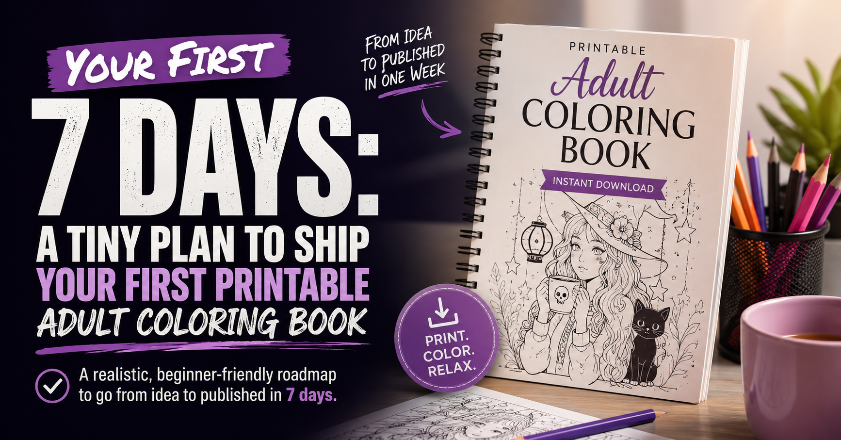 Featured image for a 7-day beginner guide showing a printable adult coloring book, creative workspace, and roadmap for publishing a digital coloring book.