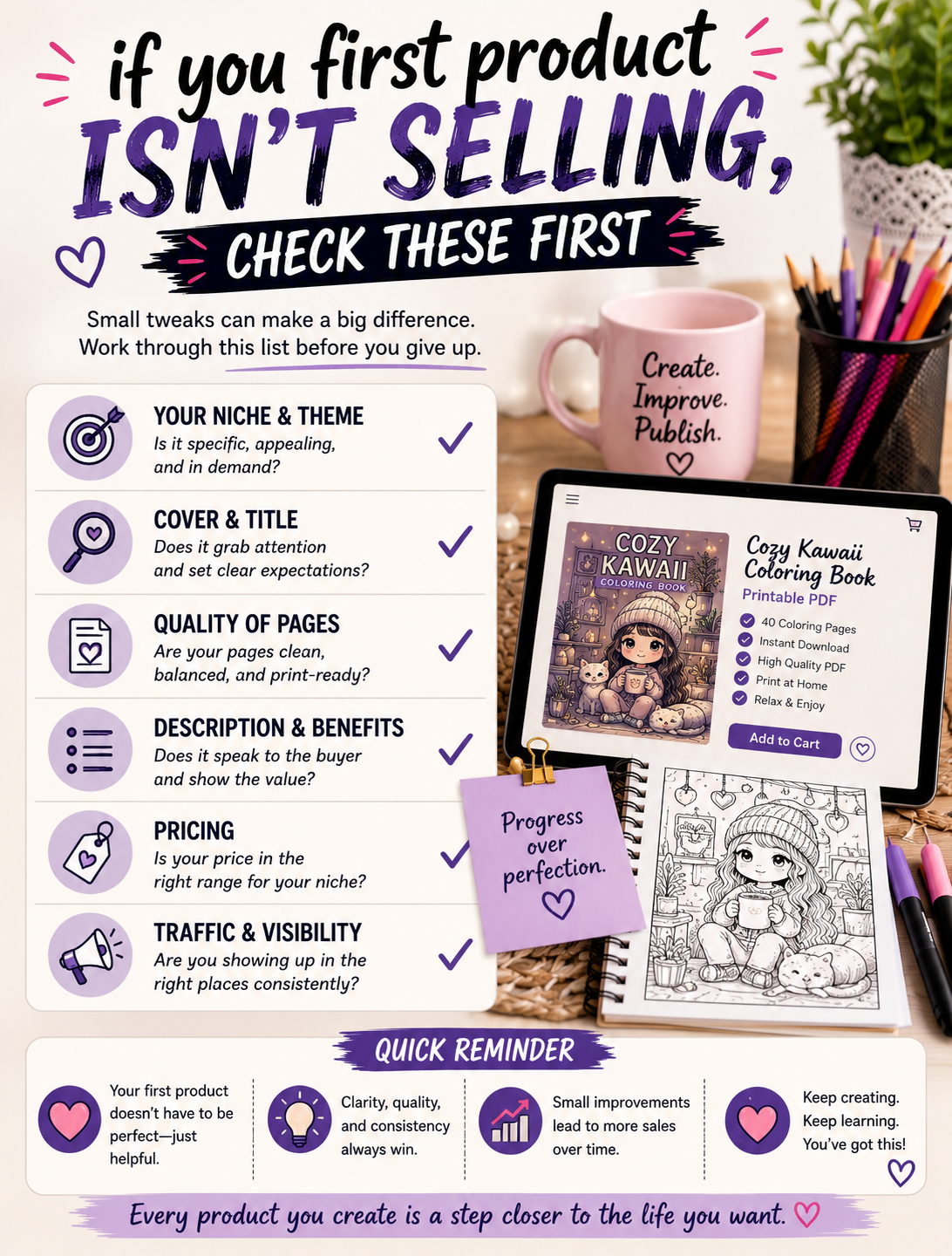 Infographic checklist showing common reasons a first printable coloring book isn't selling and practical improvements for increasing sales.
