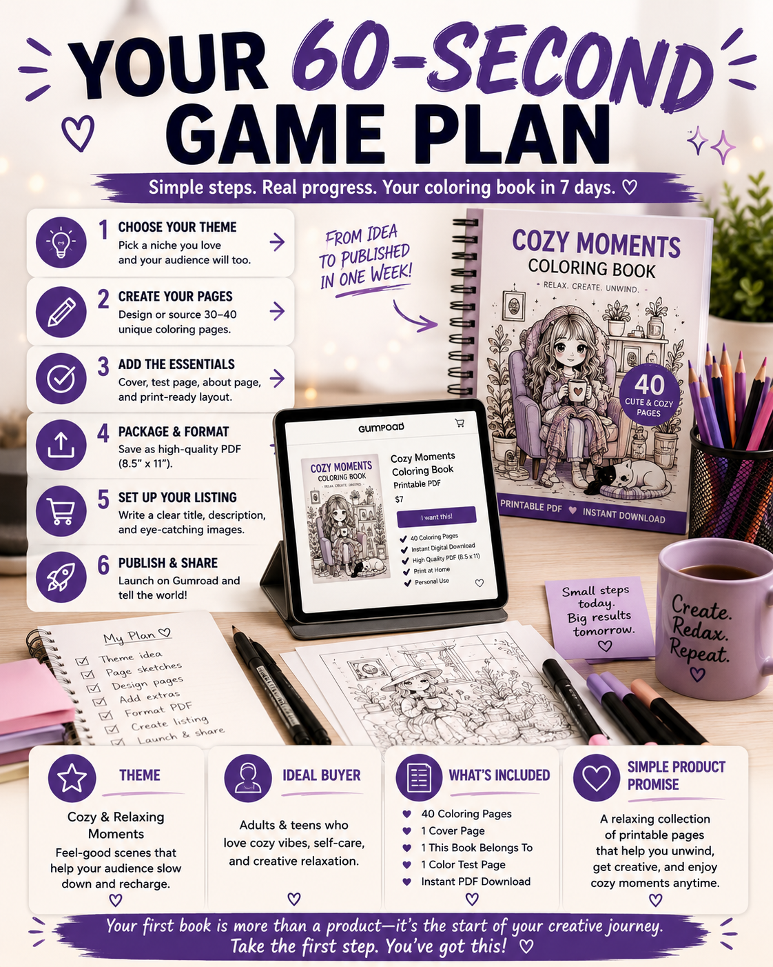 Infographic showing a 60-second game plan for creating and publishing a printable adult coloring book, from choosing a theme to launching a digital download.
