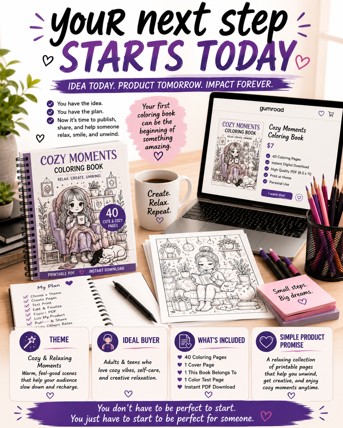 Inspirational infographic encouraging beginners to publish their first printable adult coloring book and start building a printable business.