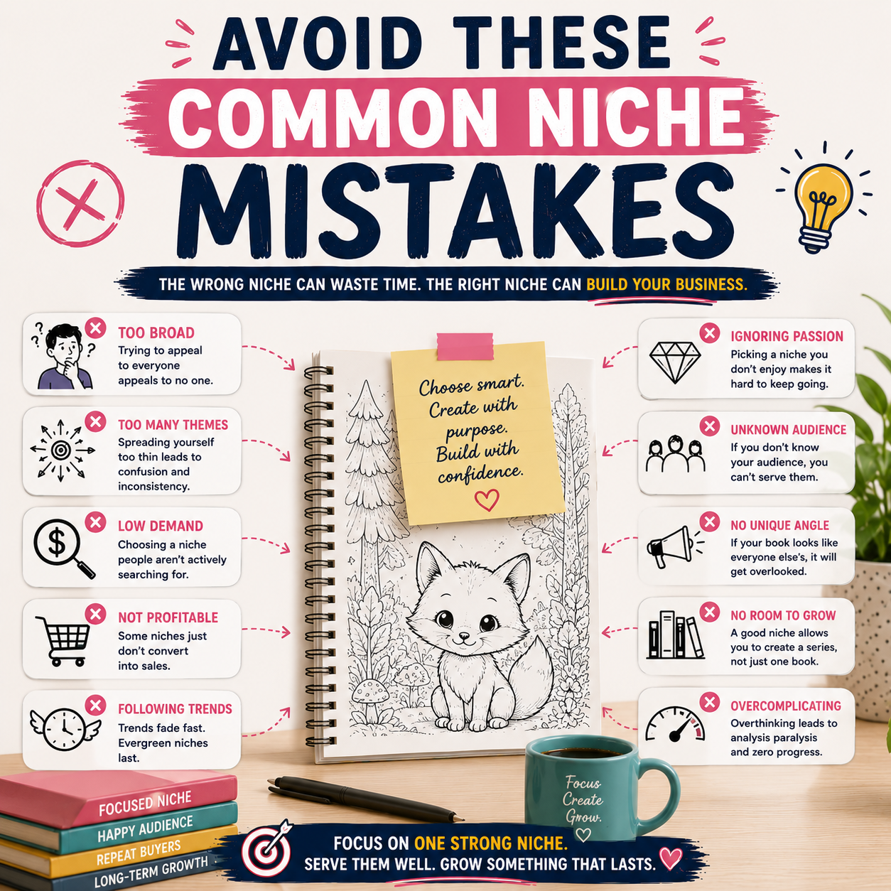 Infographic showing common coloring book niche mistakes to avoid, including choosing a niche that is too broad, chasing trends, ignoring audience demand, lacking a unique angle, and overcomplicating the niche selection process.