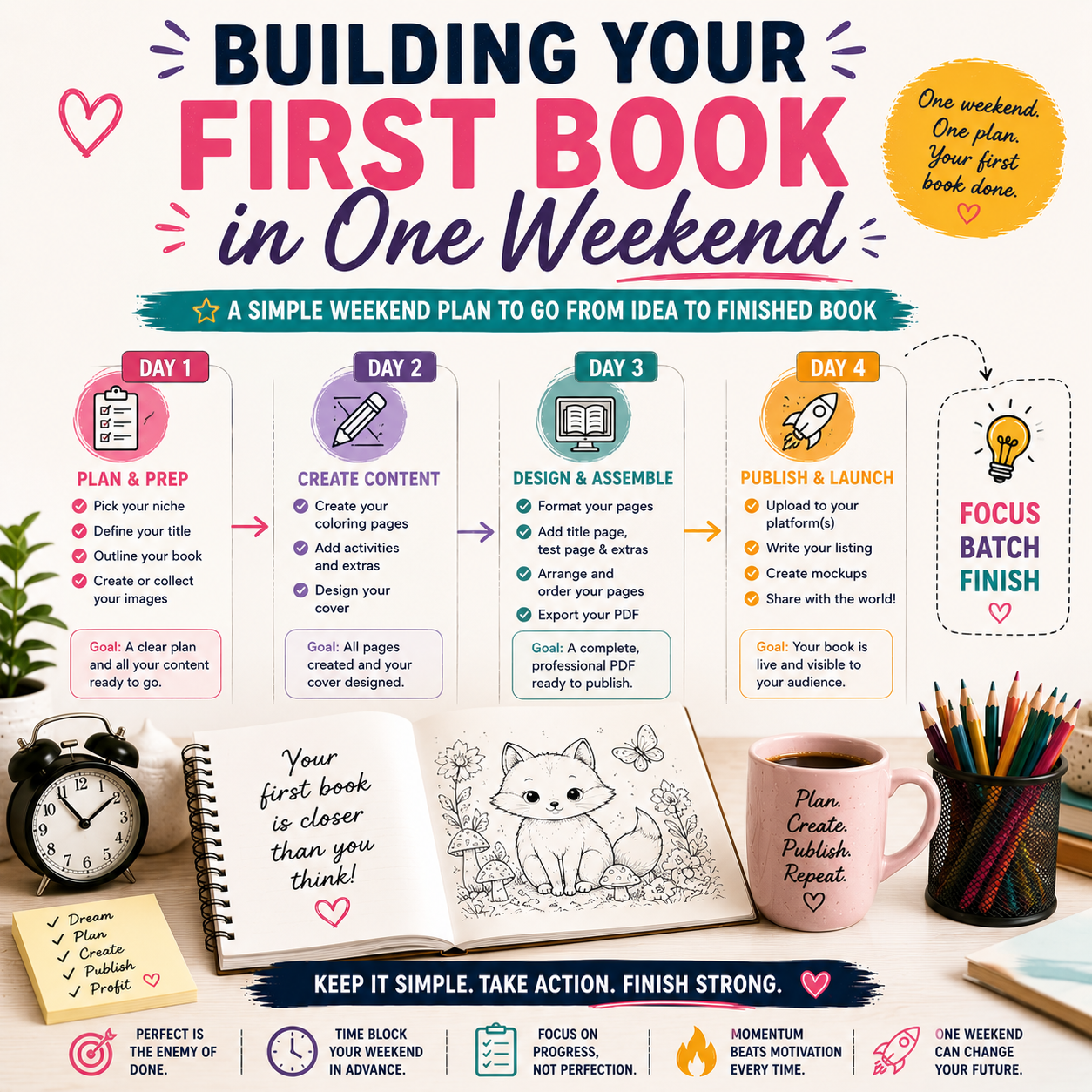 Infographic showing how to build your first coloring book in one weekend, with a simple plan for planning, creating pages, designing and assembling the book, then publishing and launching the finished printable.