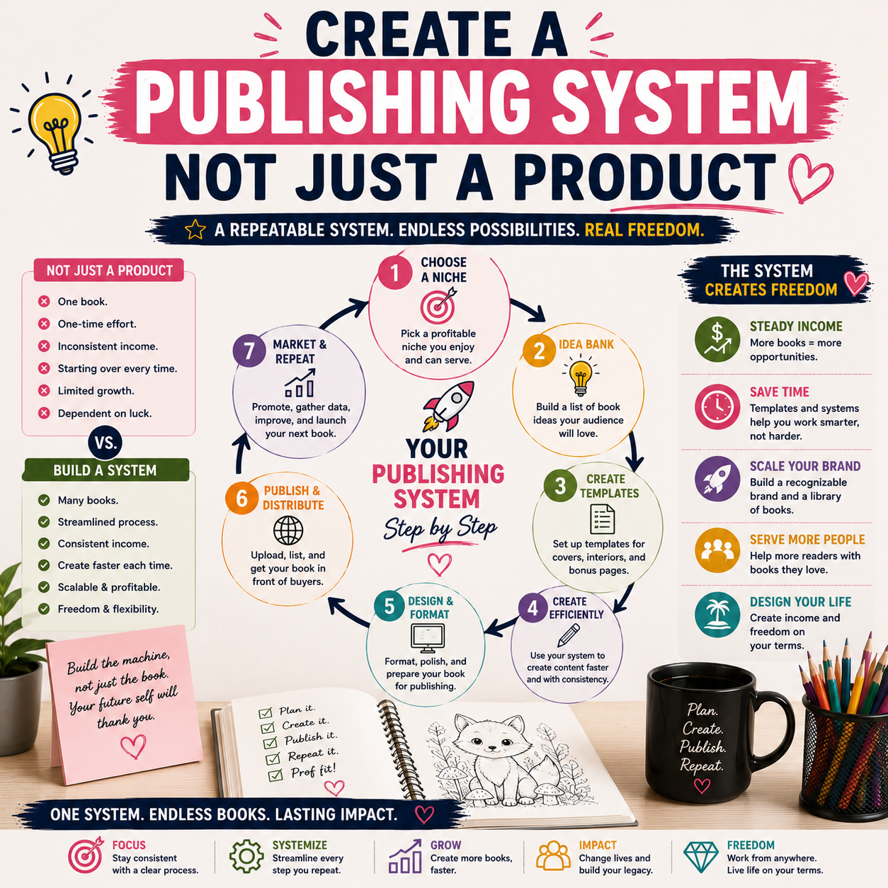 Infographic showing how to create a coloring book publishing system instead of just one product, with steps for choosing a niche, building an idea bank, creating templates, designing efficiently, publishing, marketing, and repeating the process.