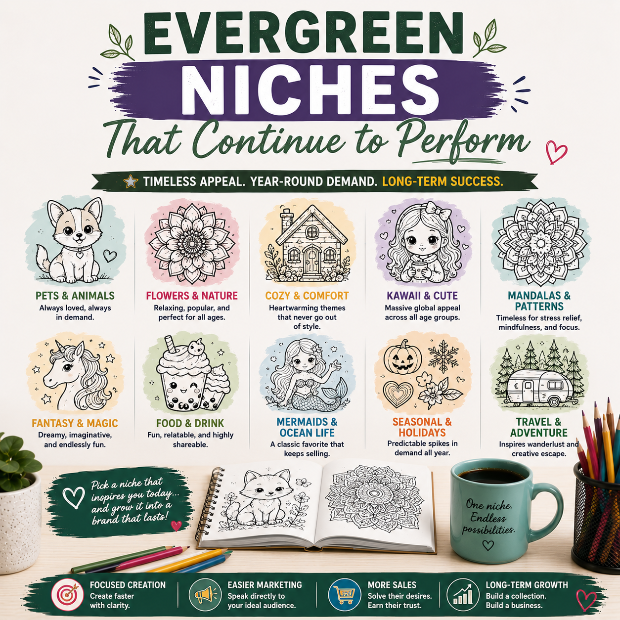 Infographic showing evergreen coloring book niches that continue to perform, including pets and animals, flowers and nature, cozy themes, kawaii designs, mandalas, fantasy, food, mermaids, seasonal themes, and travel.