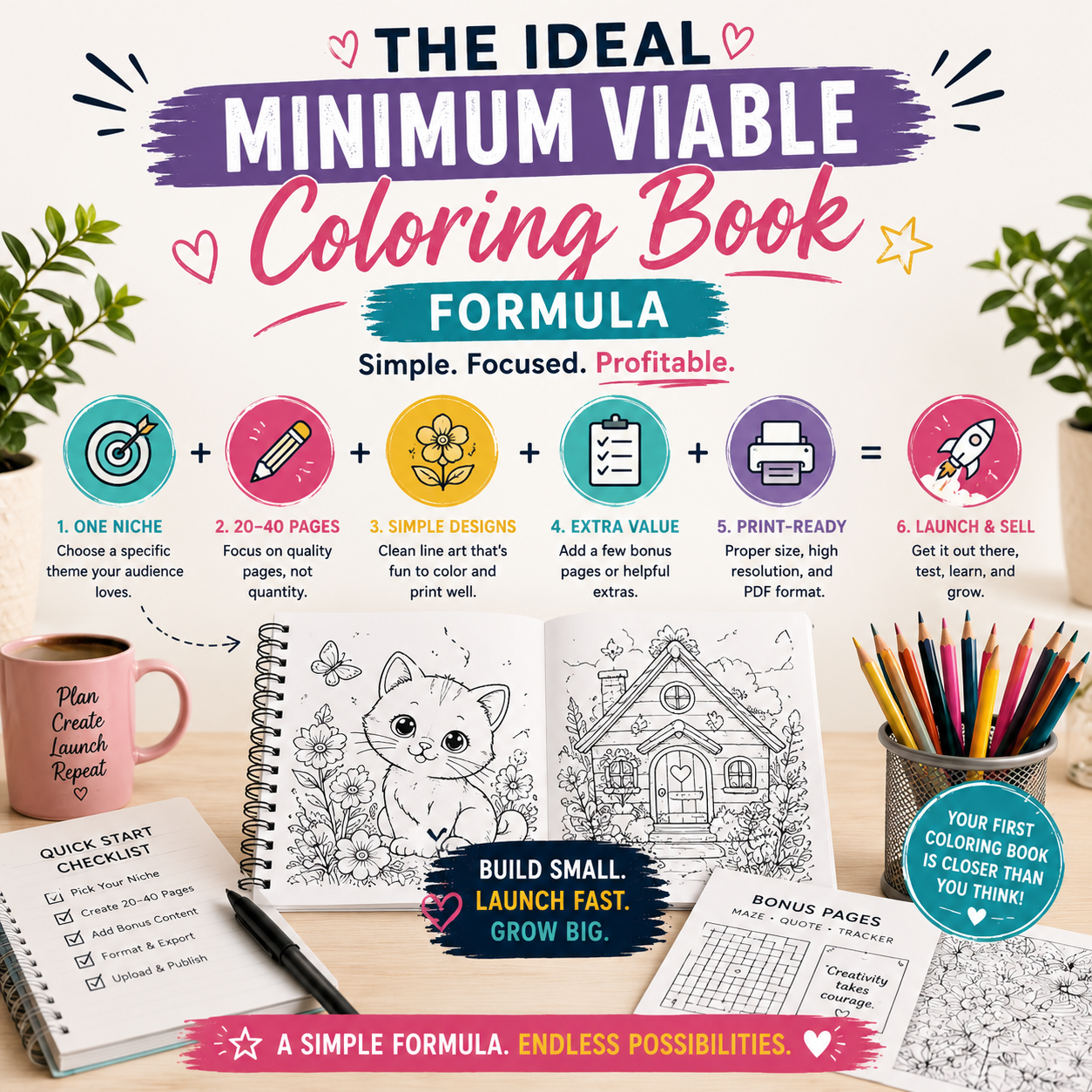 Infographic illustrating the ideal minimum viable coloring book formula, showing the essential steps including choosing one niche, creating 20–40 quality pages, designing simple illustrations, adding bonus content, preparing a print-ready PDF, and launching the finished printable coloring book.