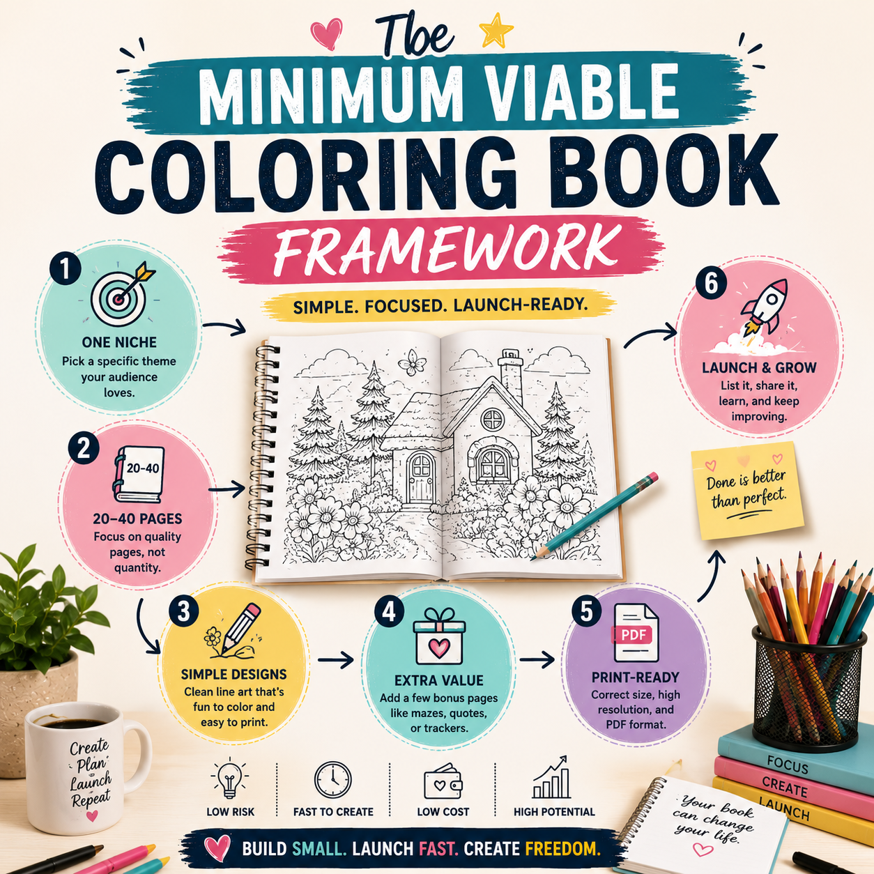 Infographic explaining the minimum viable coloring book framework with steps for choosing one niche, creating 20–40 pages, using simple designs, adding extra value, preparing a print-ready PDF, and launching the finished coloring book.