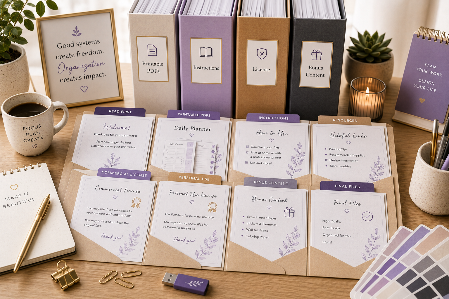 Organized folders containing printable PDFs, instructions, licensing files, and bonus content