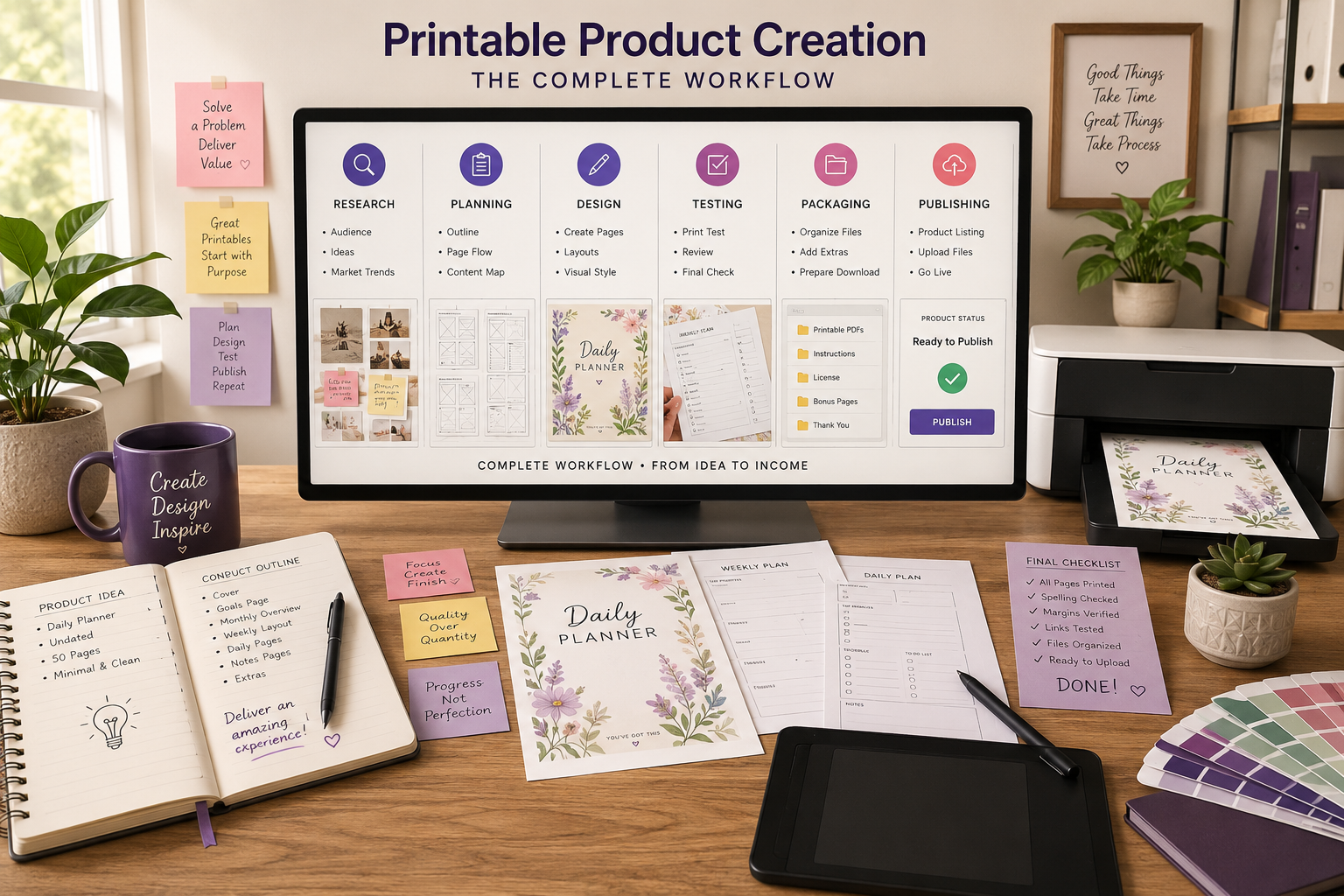 Printable product creation workspace showing the complete workflow from planning and design to testing and publishing.