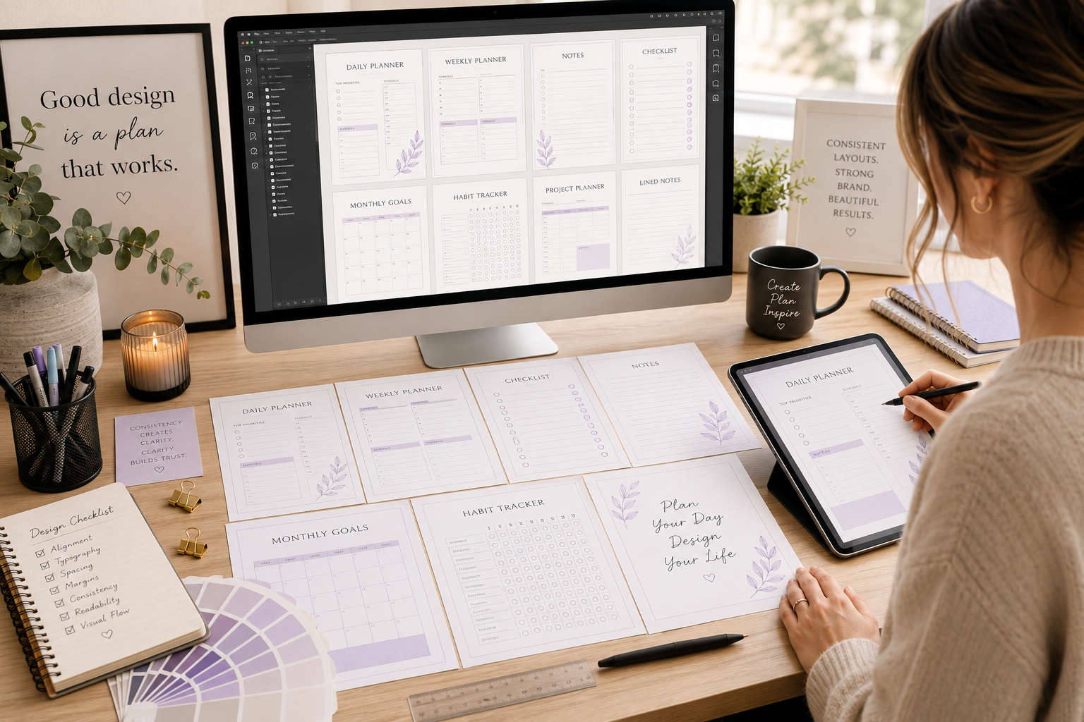 Designer creating printable pages with consistent layouts and professional formatting.
